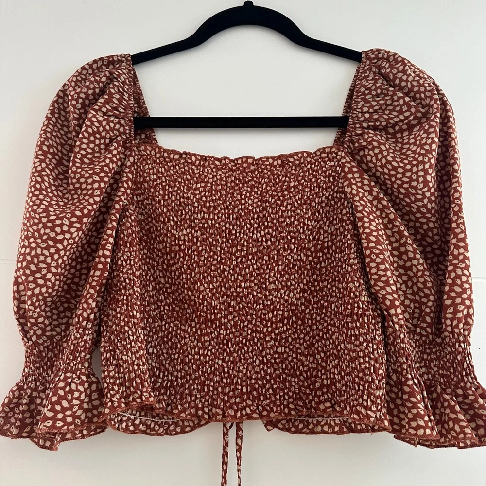 Rust Smocked Puff Sleeve Crop Top Blush Nordstrom Floral Blouse | Size M - Picture 9 of 10